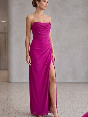 NWT | Strapless Ruched Draped High Slit Maxi Gown Magenta Fuchsia | XSmall